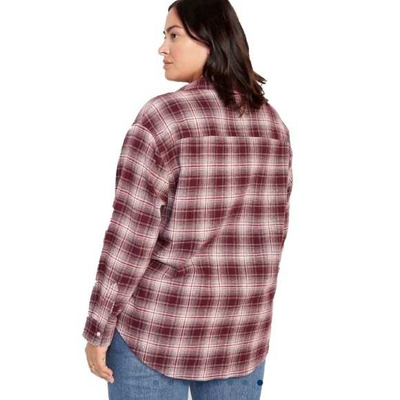 OLD NAVY Loose Flannel Boyfriend Shirt Burgandy and White Size XL - Picture 2 of 8